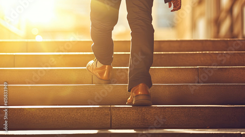 Close-up of businessman's feet walking in office upstairs
