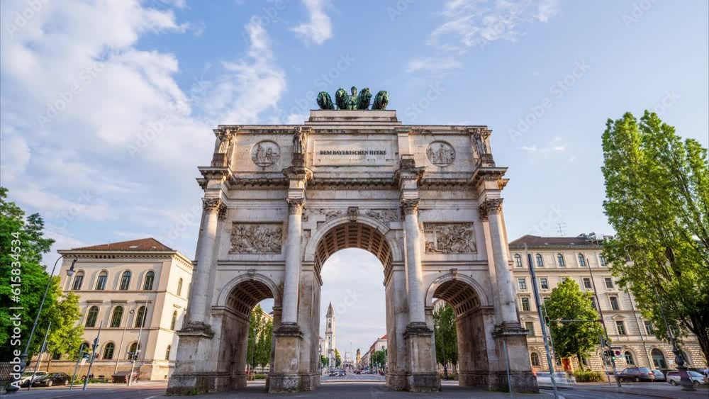Timelapse video of the Siegestor (Victory Gate) in Munich on a beautiful summer day. This Munich landmark is located near the University.