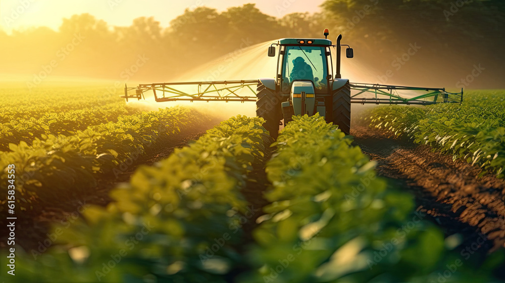 Tractor spraying soybean field in spring Tractor spraying soybean field in spring