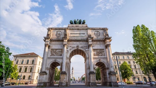 Timelapse video of the Siegestor (Victory Gate) in Munich on a beautiful summer day. This Munich landmark is located near the University.