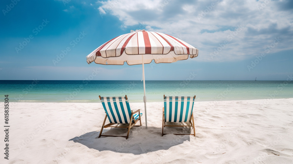 Beach chairs and an umbrella on a white sand beach