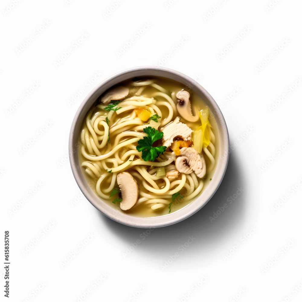 Chicken noodle soup isolated on white background top view, generative AI Chicken noodle soup isolated on white background top view, generative AI