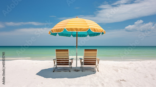 Beach chairs and an umbrella on a white sand beach