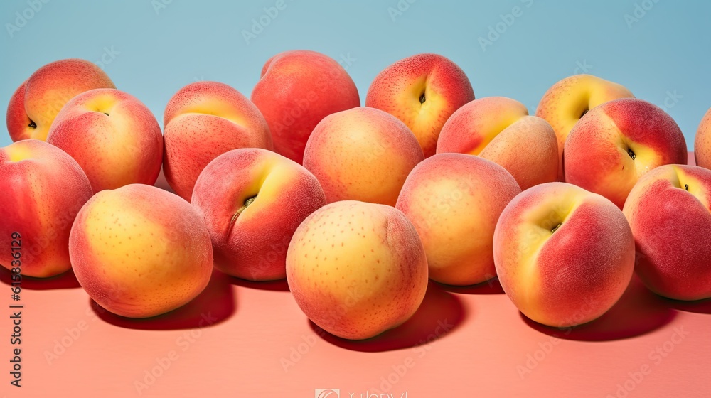 An aerial view of peach arranged on a soft pastel background, creating a visually pleasing composition. Generative AI