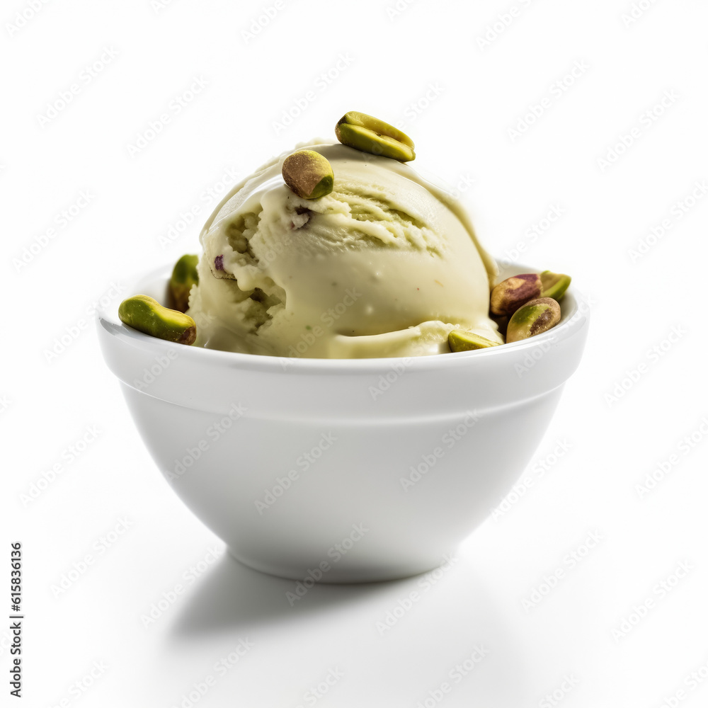 Light green pistachio ice cream scoop in a white cup isolated on white background, generative AI Light green pistachio ice cream scoop in a white cup isolated on white background, generative AI
