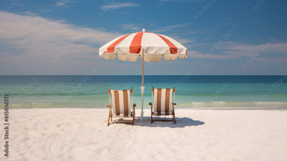 Beach chairs and an umbrella on a white sand beach