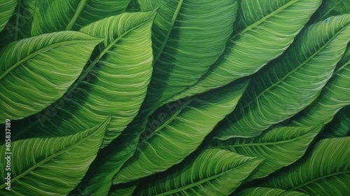 The fresh tropical green leaves background. Generative AI illustration for cover, card, postcard, interior design, decor, packaging, invitations or print.