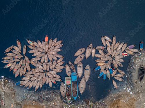 Aerial view of Wooden passenger boats along the Buriganga River, Sadarghat, Dhaka, Bangladesh photo