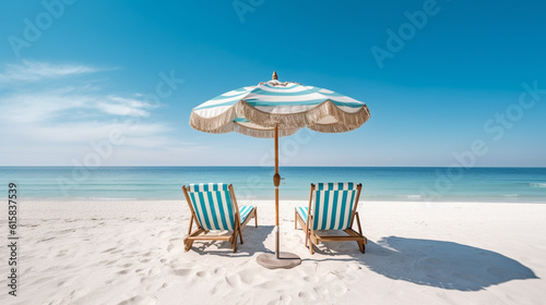 Beach chairs and an umbrella on a white sand beach