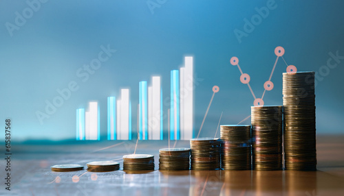 Stack coins with information graph or chart representing savings and investment. This concept is about business investment, finance, banking, money saving. Strategy planning stock market exchange.