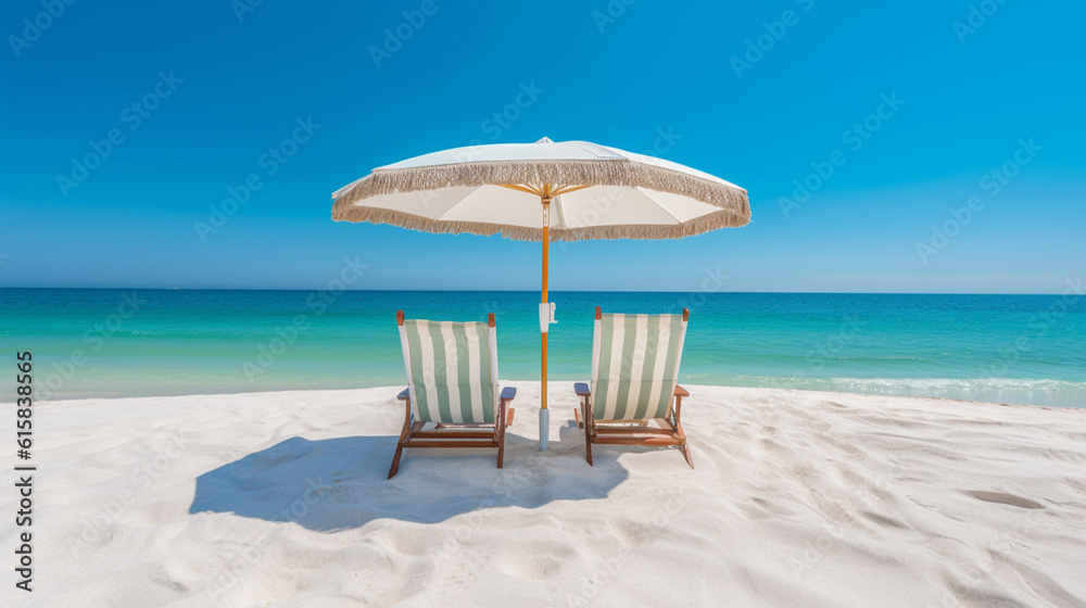 Beach chairs and an umbrella on a white sand beach
