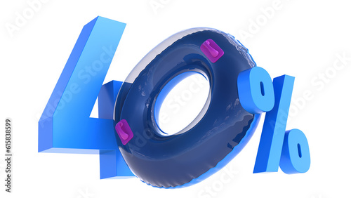 Summer sale banner, Big sale special up to 40% off, forty percent with swiming ring isolated on white, 3D render