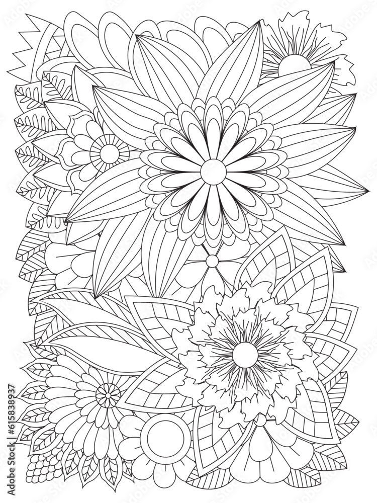 Fototapeta premium Vector doodle flowers in black and white. Coloring pages for adult. Flowers in black and white for coloring book.