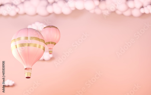 3d illustration balloons in the sky. Beige, pink and white color background. Beautiful, gentle background. Banner with place for text
