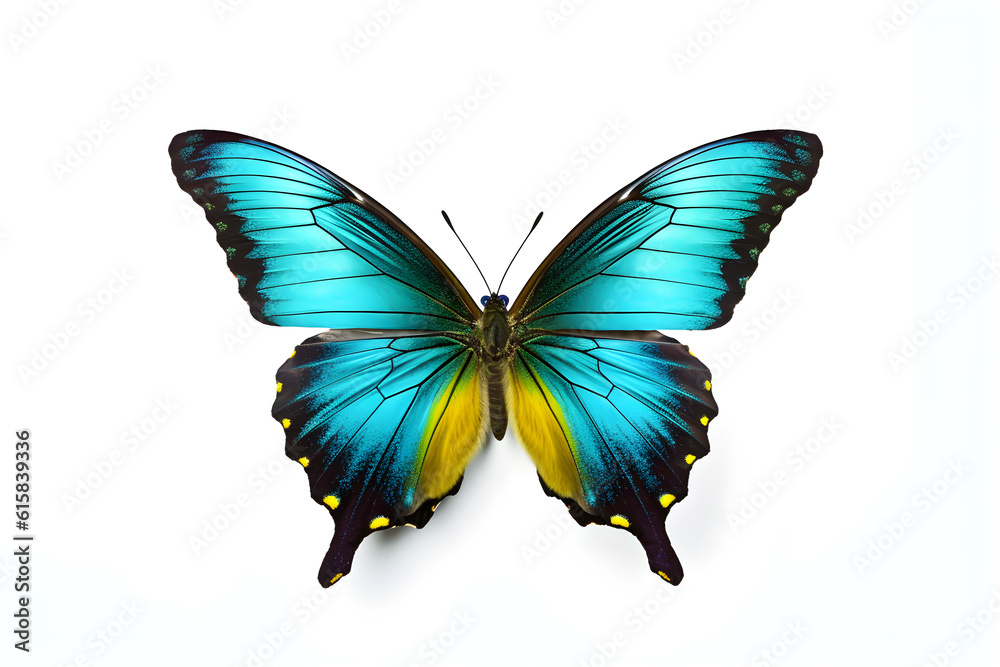 beautiful blue yellow butterfly in flight isolated on wite background. beautiful blue yellow butterfly in flight isolated on wite background.