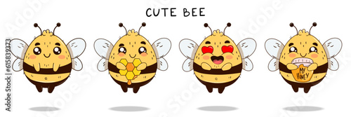 Set of cute emoji bee, honeycomb, heart and jar of honey isolate on a white background. Vector objekts in cartoon sketch style photo