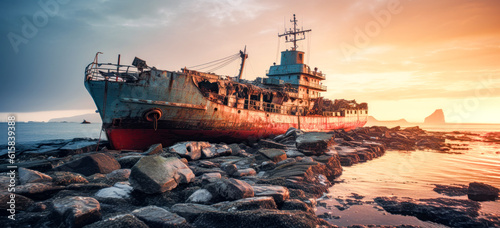 Damaged Scrapped Unusable  Ship Abandoned and Disposed of Wrak Generative AI Digital Art Illustration Wallpaper Journal KI © Korea Saii