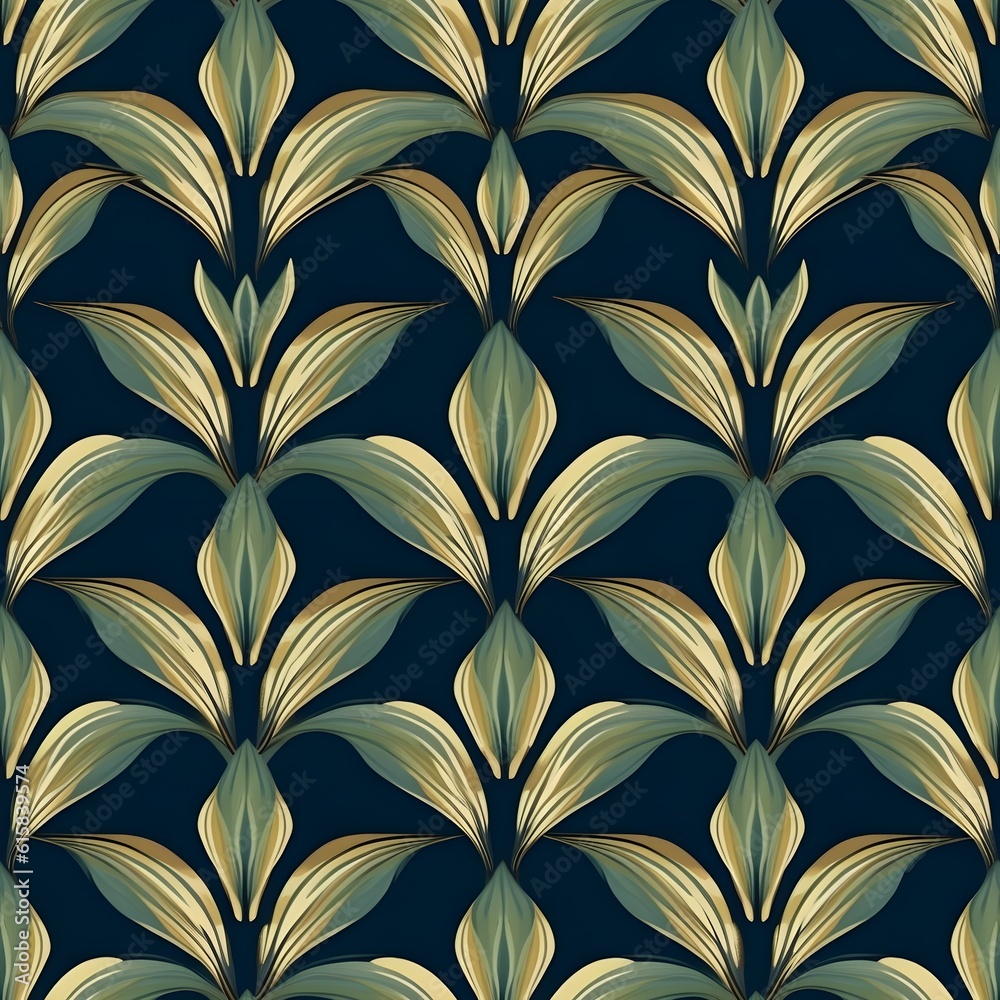 hemp leaf pattern :: Artdeco style :: mink, glaucous blue, dark green, white , Ai generated  - obrazy, fototapety, plakaty 