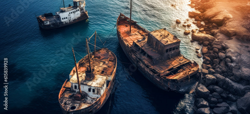 Damaged Scrapped Unusable  Ship Abandoned and Disposed of Wrak Generative AI Digital Art Illustration Wallpaper Journal KI photo