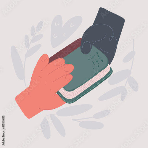 Vector illustration of Books swap, exchange or crossing. Reading party, school literature event. Hand gives book to friend. Read books lovers. College education. Bookworm, bookstore, library