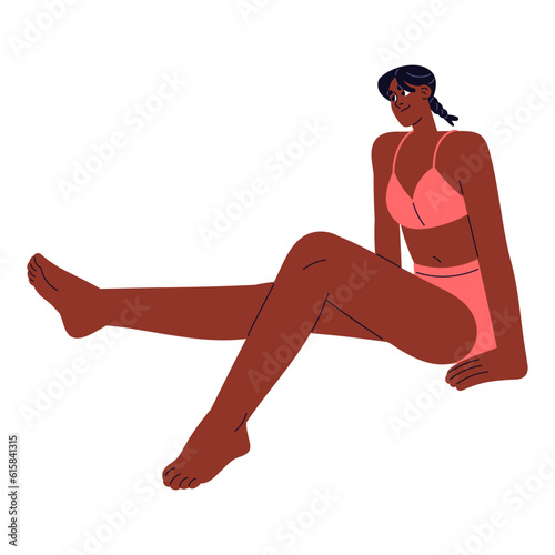 Happy woman in bikini relaxing on summer holiday. Suntanned young girl in swimsuit, swimwear sitting, resting on summertime vacation. Flat vector illustration isolated on white background