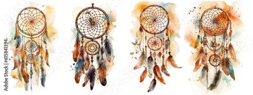 Watercolor dream catchers with flowers and feathers. Generative AI
