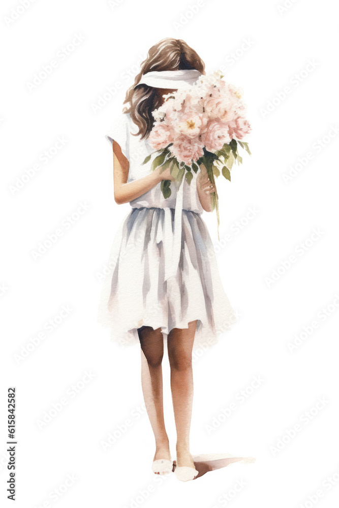 the girl shyly covered her face with a bouquet of flowers on a white background hand-drawn in watercolor. postcard congratulation. Generative AI the girl shyly covered her face with a bouquet of flowers on a white background hand-drawn in watercolor. postcard congratulation. Generative AI