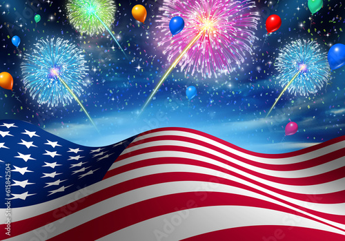 Fourth of july and Independence Day in the United States celebration with the American flag and fireworks a to celebrate freedom and patriotism honor with US summer Holiday
