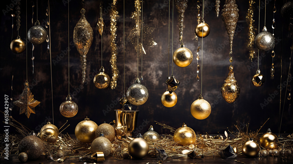 ai generated illustration gold color theme of christmas ornament hanging and on table ai generated illustration gold color theme of christmas ornament hanging and on table