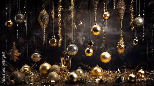 ai generated illustration gold color theme of christmas ornament hanging and on table © maylim
