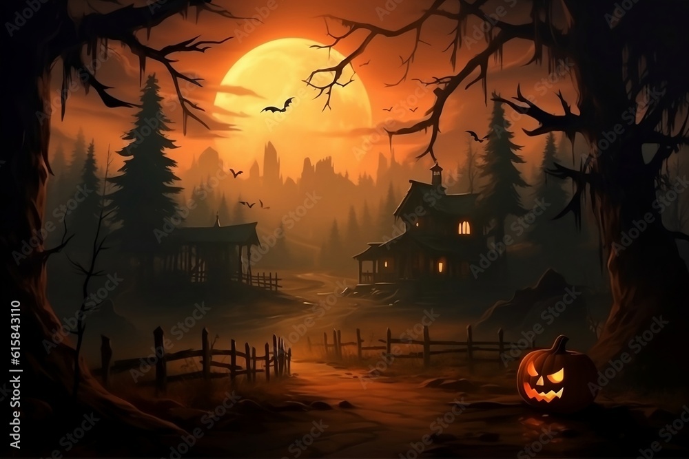Halloween wallpaper or party background. Mystical and magical Halloween backdrop with pumpkins, Jack-o-Lantern, festive template. Generative AI. 