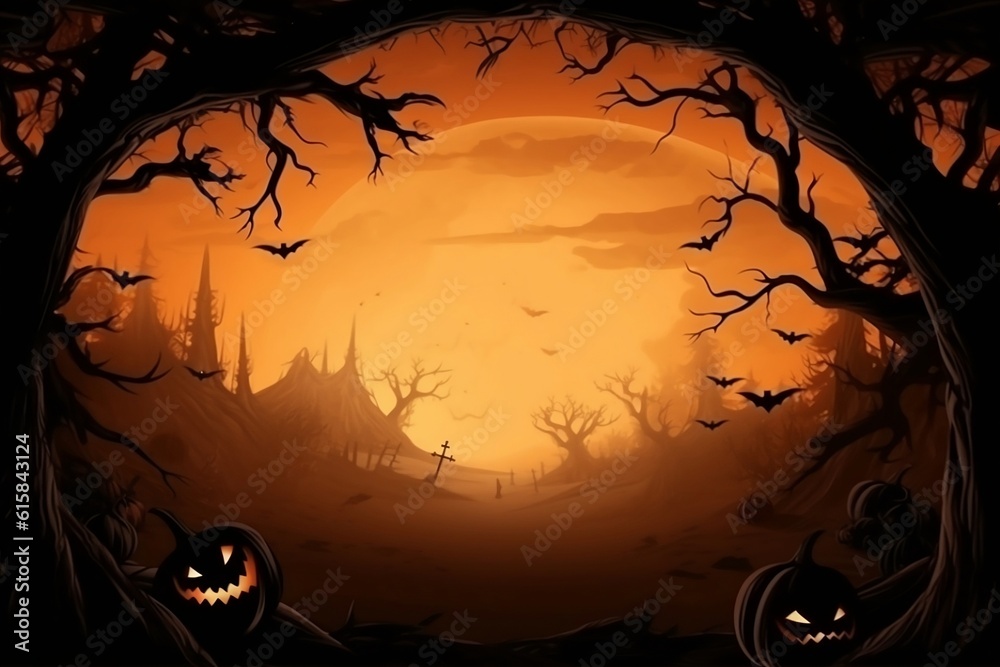 Halloween wallpaper or party background. Mystical and magical Halloween backdrop with pumpkins, Jack-o-Lantern, festive template. Generative AI. 