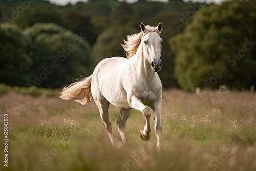 a white horse running in the grass with trees and bushes in the background on a sunny day  taken from behind