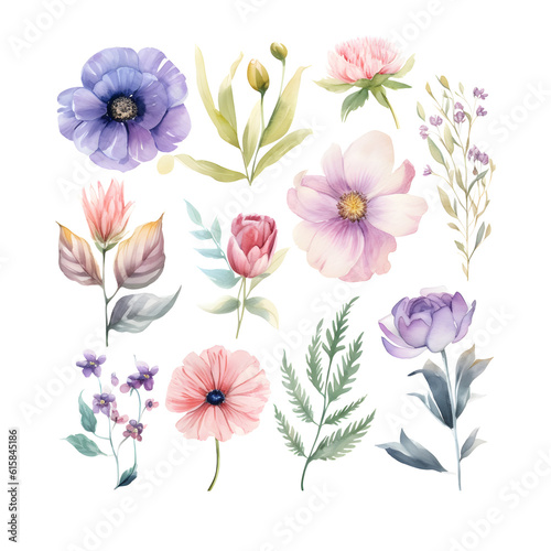 Collection of watercolor floral and leaves isolated on transparent background