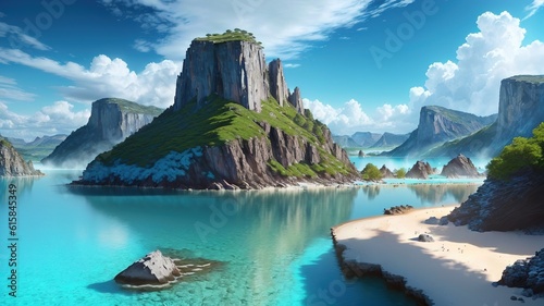 Fantasy landscape with mountain and lake. 3d render illustration.