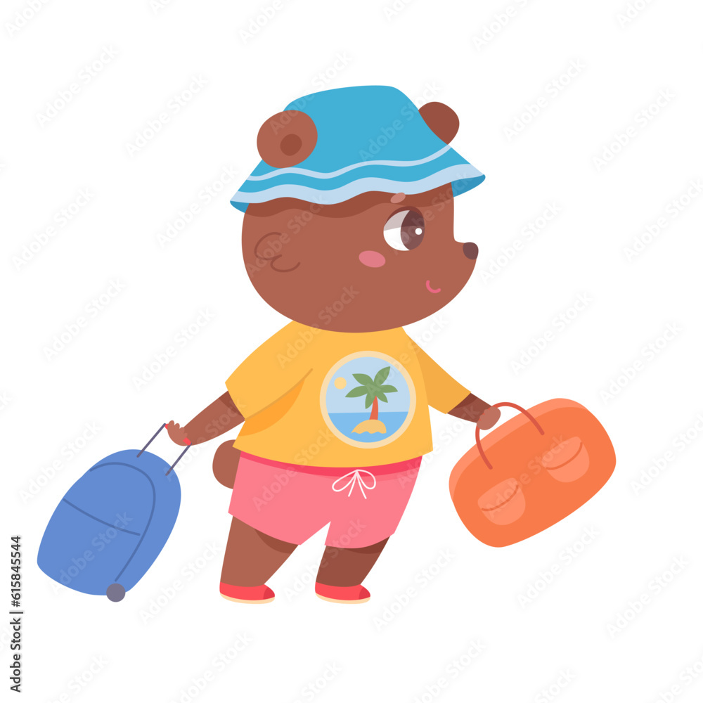 Cute bear walking with suitcase and bag, funny baby animal with panama and summer clothes Cute bear walking with suitcase and bag, funny baby animal with panama and summer clothes