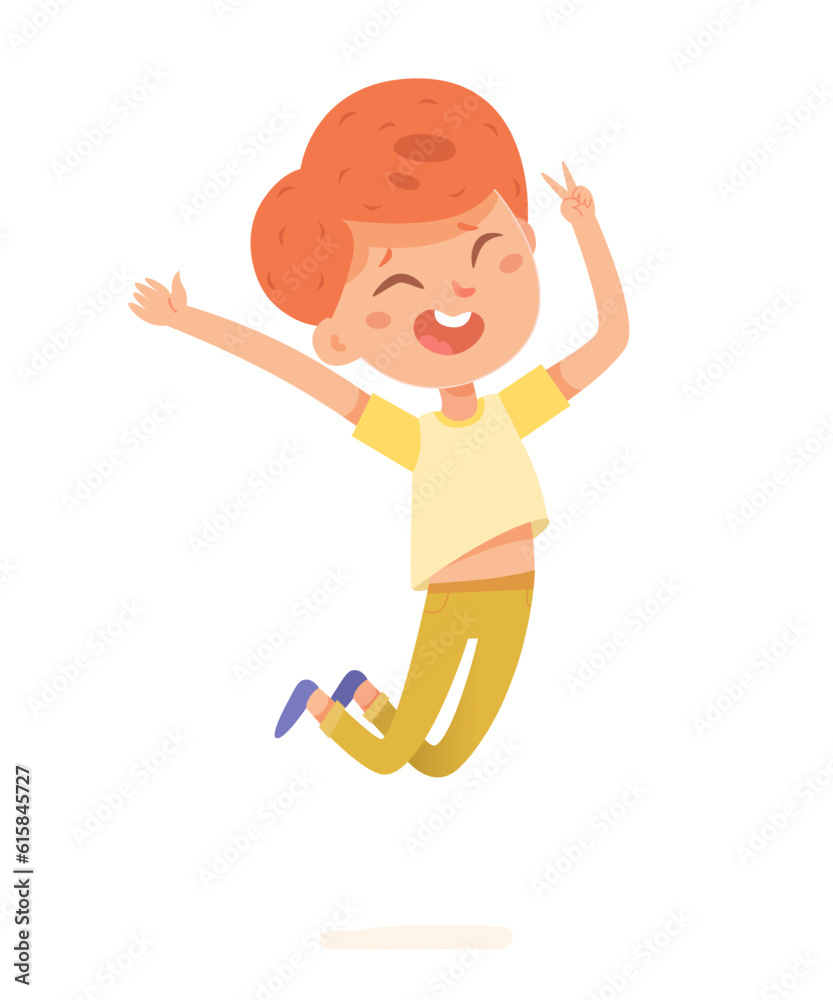 Smiling boy jumping for joy and hands up. Cute child wearing t-short ...