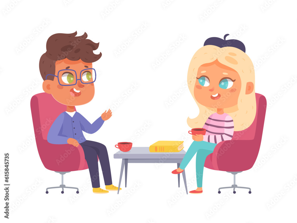 Interview and talk show with celebrity, kids sitting in chairs at table on meeting Interview and talk show with celebrity, kids sitting in chairs at table on meeting