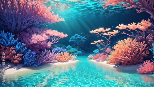 Underwater scene with beautiful corals and tropical fish. 3d render © McClerish