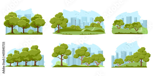 Public city park background illustration set. Street with green trees, bushes, lawn and grass. Urban summer outdoor vector