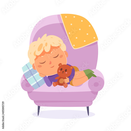 Cute lazy kid sleeping in armchair with teddy bear at nap time, asleep boy lying on seat