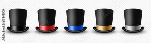 Vector 3d Realistic Black Top Hat Icon Set with Different Color Ribbon Closeup Isolated. Classic Retro Vintage Top Hat Collection, Vintage Gentlemans Mens Hats, Front View