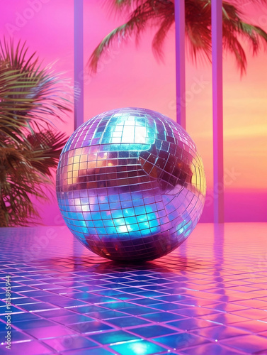 Disco ball on the beach and purple pink lights. Background with palm trees. Vacation concept  summer party idea  synthwave or vaporwave style. Generated by artificial intelligence.