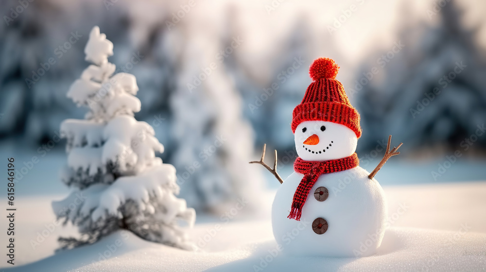 Fototapeta premium A Cheerful Snowman Braving the Winter Chill With Red Hat and Scarf. Generative AI