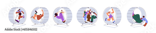 People rushing, hurrying in hamster wheels. Endless work, businesses, rat race, repetition concept. Workers in eternal process, cycle. Flat graphic vector illustrations isolated on white background