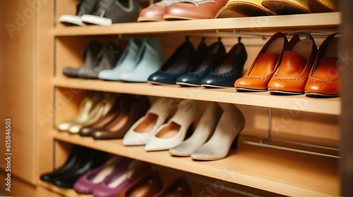 Different shoes on shelves of wardrobe closet. Generative AI