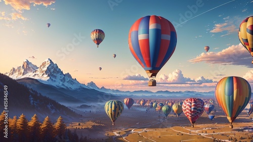 Hot air balloons flying over the meadow. 3D Rendering 