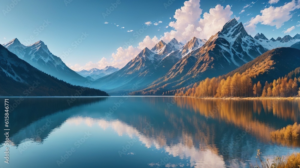 Mountains reflected in the lake. Sunset in the mountains. Beautiful natural landscape.