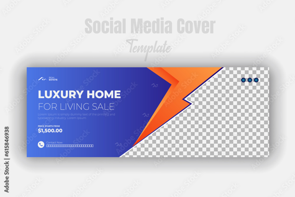 Modern, elegant or luxury real estate home social media cover page design template property sale post promotion web banner discount with abstract orange color shape and blue gradient background Modern, elegant or luxury real estate home social media cover page design template property sale post promotion web banner discount with abstract orange color shape and blue gradient background