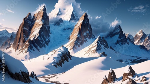 Fantasy planet. Mountain with snow. 3D illustration.
